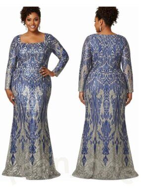 House Of Chic Curve + Plus Blue Sequined Long Sleeve Maxi Dress Size 2XL, NWT